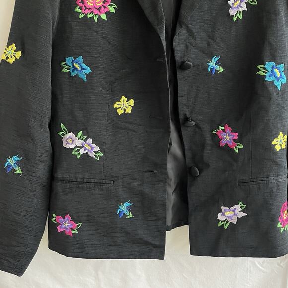 Travis Ayers black Silk/Linen blazer jacket colorful floral embroidered, Size 4 - Picture 3 of 8